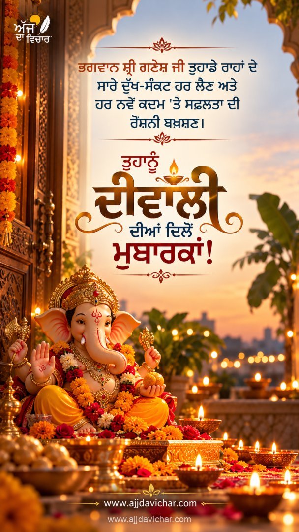 Bhagwan Shri Ganesh ji tuhade raahan de saare dukh-sankat har lain ate har nave kadam 'te safalta di raushni bakshan. Tuhanu Diwali diyan dilon mubaarkan!
