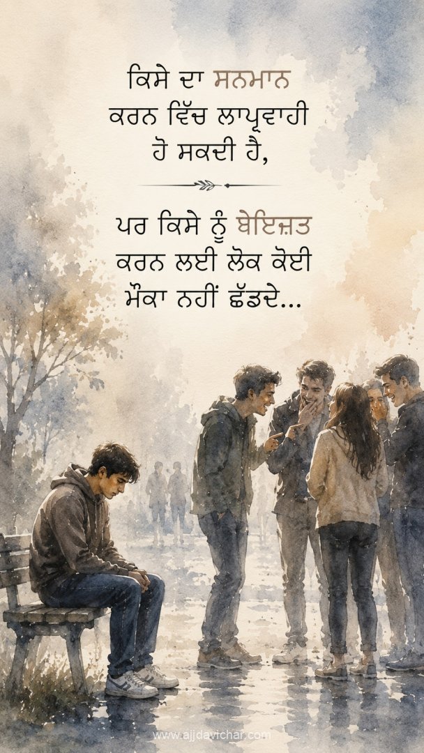 Kise da sanmaan karan vich laapraavahi ho sakdi hai, par kise nu beizzat karan lai lok koi mauka nahi chhaddde.