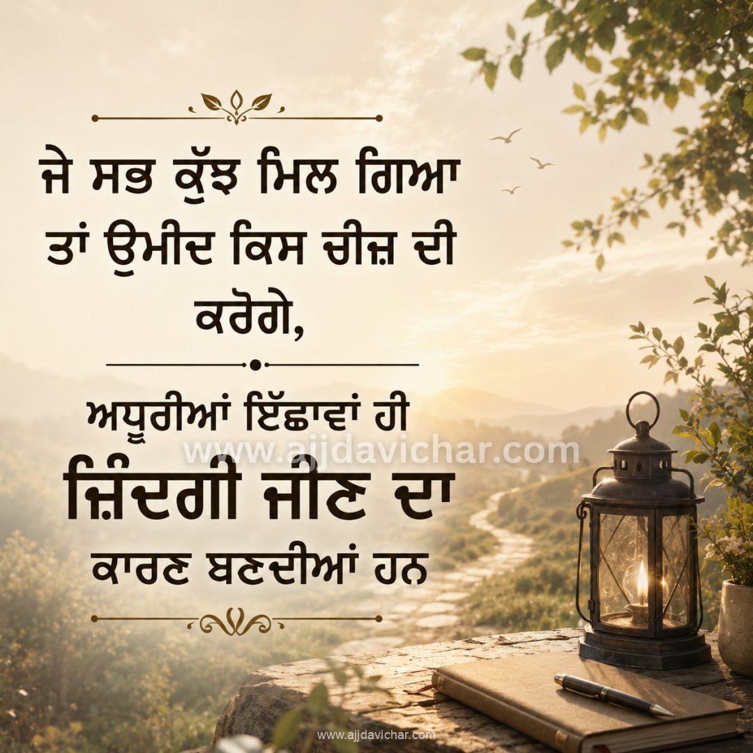 Je sab kujh mil gya taan umeed kis cheez di karoge, Adhooriyan icchawan hi zindagi jeen da kaaran bandiyan han.