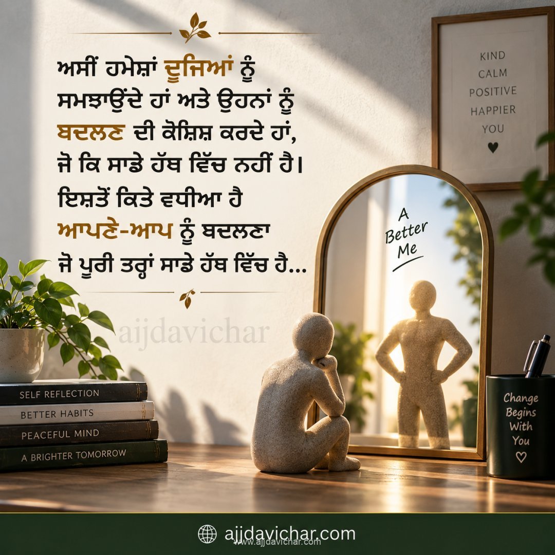 ਅਸੀਂ ਹਮੇਸ਼ਾਂ ਦੂਜਿਆਂ ਨੂੰ ਸਮਝਾਉਂਦੇ ਹਾਂ ਅਤੇ ਉਹਨਾਂ ਨੂੰ ਬਦਲਣ ਦੀ ਕੋਸ਼ਿਸ਼ ਕਰਦੇ ਹਾਂ, ਜੋ ਕਿ ਸਾਡੇ ਹੱਥ ਵਿੱਚ ਨਹੀਂ ਹੈ। ਇਸਤੋਂ ਕਿਤੇ ਵਧੀਆ ਹੈ ਆਪਣੇ-ਆਪ ਨੂੰ ਬਦਲਣਾ ਜੋ ਪੂਰੀ ਤਰ੍ਹਾਂ ਸਾਡੇ ਹੱਥ ਵਿੱਚ ਹੈ...