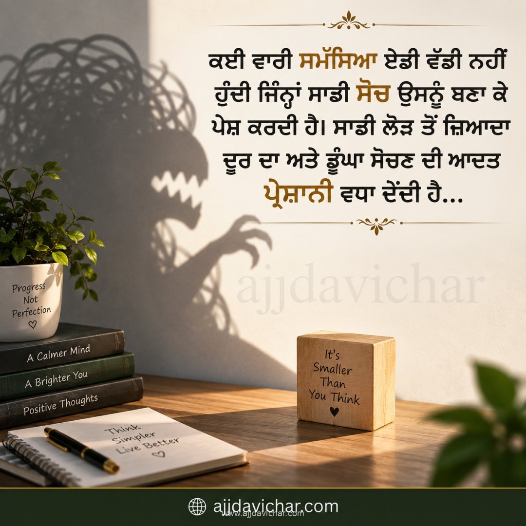 ਕਈ ਵਾਰੀ ਸਮੱਸਿਆ ਏਡੀ ਵੱਡੀ ਨਹੀਂ ਹੁੰਦੀ ਜਿੰਨ੍ਹਾਂ ਸਾਡੀ ਸੋਚ ਉਸਨੂੰ ਬਣਾ ਕੇ ਪੇਸ਼ ਕਰਦੀ ਹੈ। ਸਾਡੀ ਲੋੜ ਤੋਂ ਜ਼ਿਆਦਾ ਦੂਰ ਦਾ ਅਤੇ ਡੂੰਘਾ ਸੋਚਣ ਦੀ ਆਦਤ ਪ੍ਰੇਸ਼ਾਨੀ ਵਧਾ ਦੇਂਦੀ ਹੈ...
