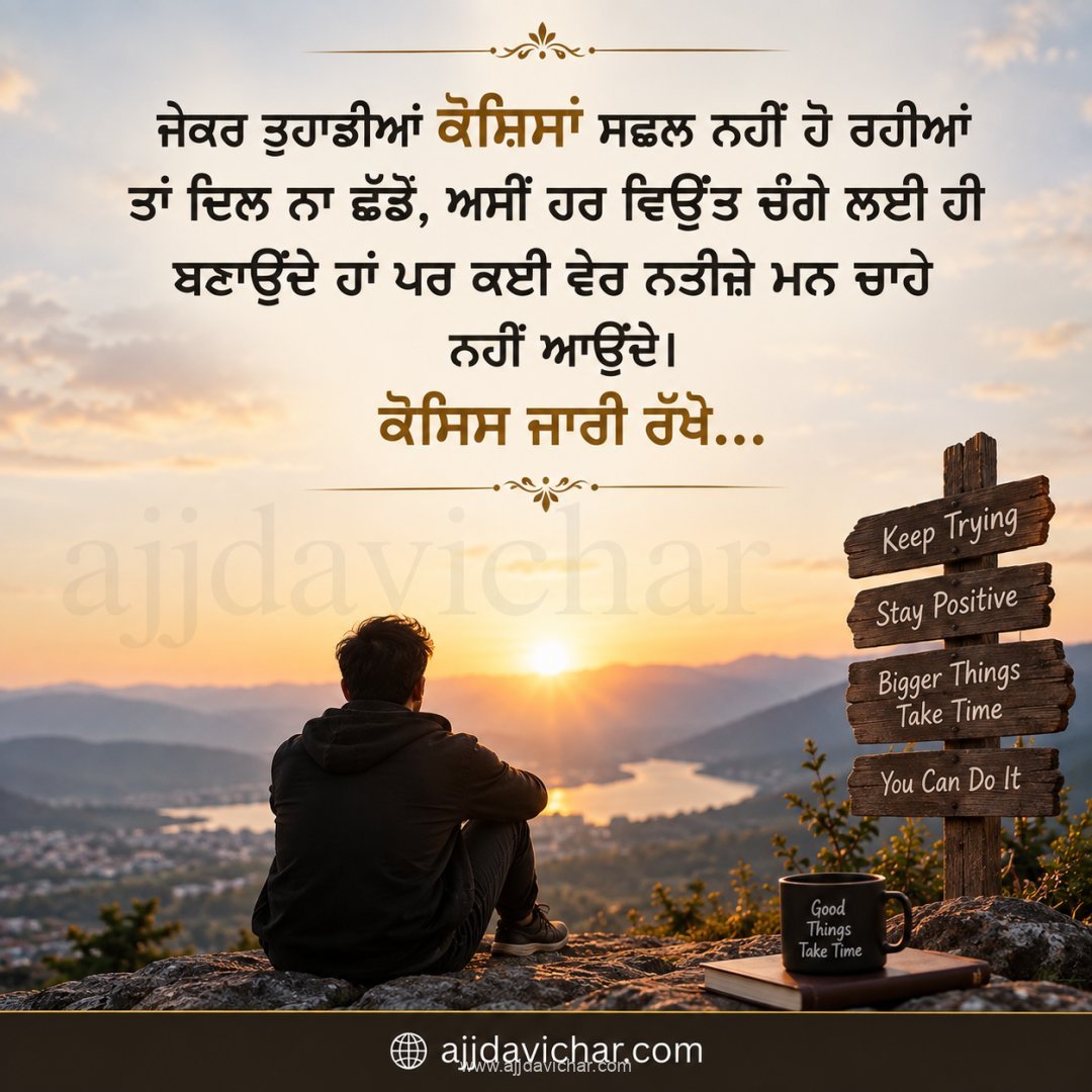 ਜੇਕਰ ਤੁਹਾਡੀਆਂ ਕੋਸ਼ਿਸ਼ਾਂ ਸਫਲ ਨਹੀਂ ਹੋ ਰਹੀਆਂ ਤਾਂ ਦਿਲ ਨਾ ਛੱਡੋ, ਅਸੀਂ ਹਰ ਵਿਉਂਤ ਚੰਗੇ ਲਈ ਹੀ ਬਣਾਉਂਦੇ ਹਾਂ ਪਰ ਕਈ ਵੇਰ ਨਤੀਜ਼ੇ ਮਨ ਚਾਹੇ ਨਹੀਂ ਆਉਂਦੇ। ਕੋਸ਼ਿਸ਼ ਜਾਰੀ ਰੱਖੋ...