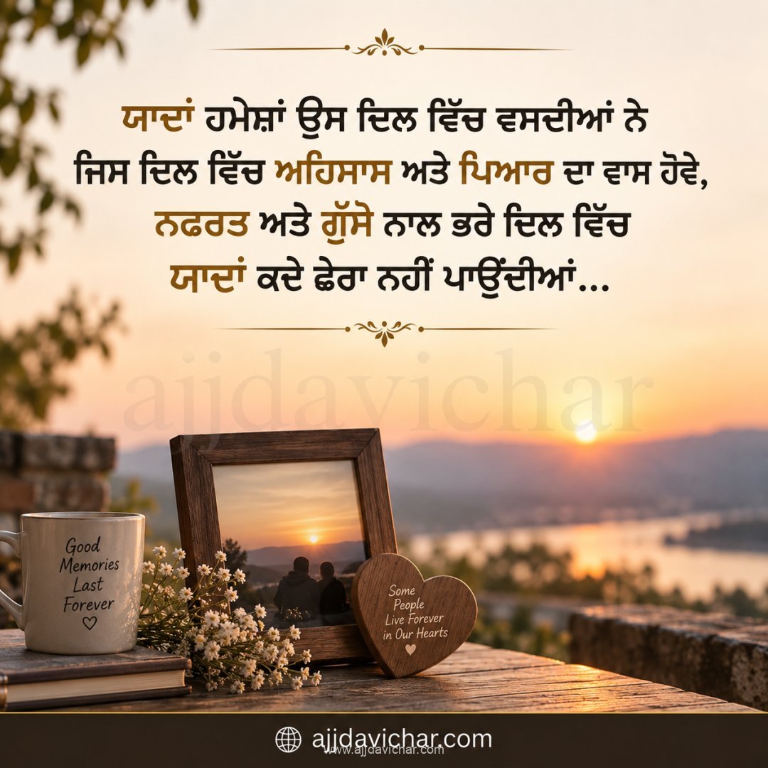 ਯਾਦਾਂ ਹਮੇਸ਼ਾਂ ਉਸ ਦਿਲ ਵਿੱਚ ਵਸਦੀਆਂ ਨੇ ਜਿਸ ਦਿਲ ਵਿੱਚ ਅਹਿਸਾਸ ਅਤੇ ਪਿਆਰ ਦਾ ਵਾਸ ਹੋਵੇ, ਨਫਰਤ ਅਤੇ ਗੁੱਸੇ ਨਾਲ ਭਰੇ ਦਿਲ ਵਿੱਚ ਯਾਦਾਂ ਕਦੇ ਫੇਰਾ ਨਹੀਂ ਪਾਉਂਦੀਆਂ...